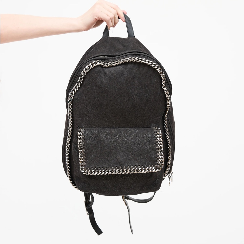 Stella McCartney Falabella Black Silver Backpack Shaggy Deer Flap Vegan